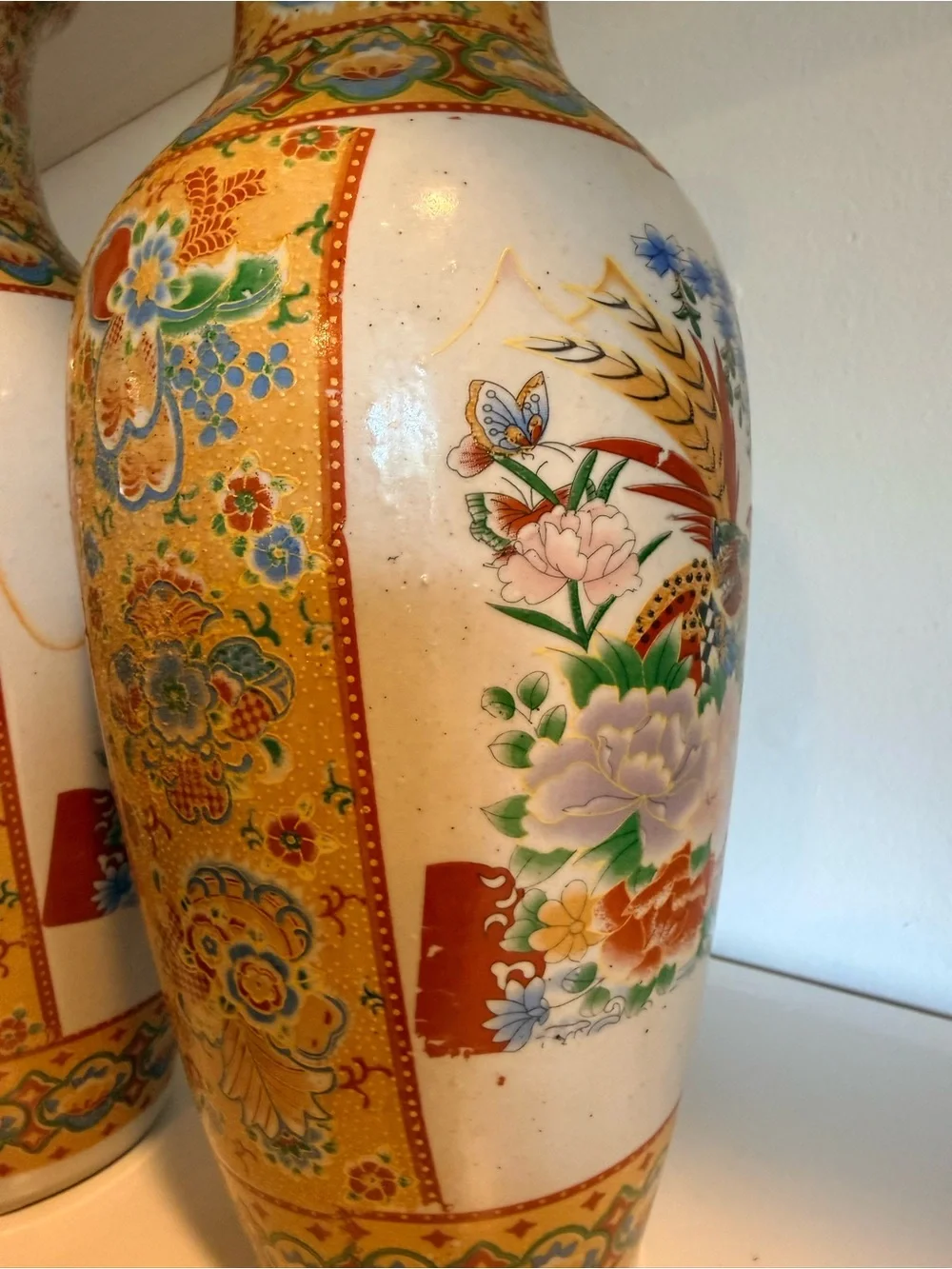Pair Vintage Japanese Satsuma Style Porcelain Vases Hand Painted Birds Floral